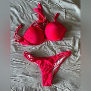 Victoria's Secret Neon Pink Padded Push-Up 32 B Bikini top and strap XSm bottom